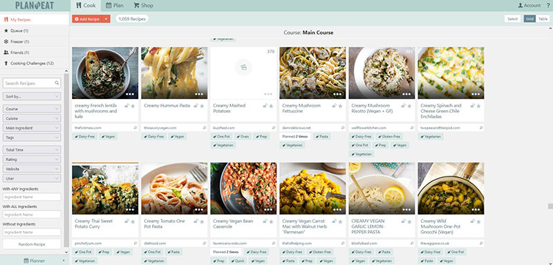 Screenshot vom Recipe Book bei Plan To Eat mit einer Seitenleiste mit Filteroptionen
