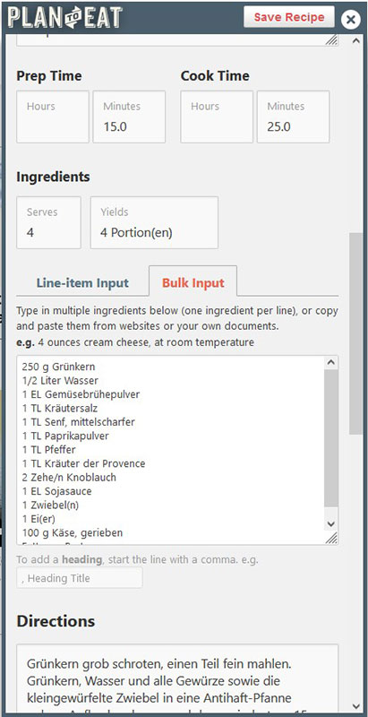 Screenshot vom Recipe Clippe von Plan To Eat, mit dem du jedes Rezept im Internet mit einem Klick in deine Rezeptesammlung bei Plan To Eat übernehmen kannst