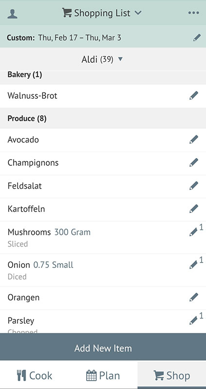 Screenshot der mobilen Einkaufsliste von Plan To Eat