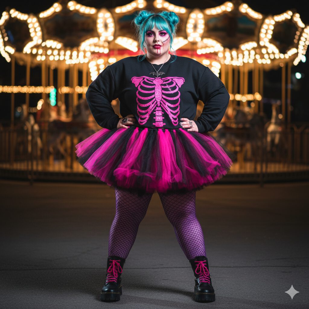 Eine lächelnde dick_fette Frau im lebhaften Pop-Zombie-Prinzessin-Halloweenkostüm, die selbstbewusst vor einem beleuchteten Karussell auf einem Jahrmarkt steht. Sie trägt ein schwarzes Sweatshirt mit einem glitzernden pinken Skelett-Aufdruck, einen mehrlagigen pink-schwarzen Tüllrock, lila Netzstrumpfhosen und klobige schwarze Boots. Ihr Haar ist zu blauen und pinken Space Buns gebunden, und ihr Make-up ist dramatisch mit Glitzer, rosa Wangen und angedeuteten Blutstropfen und einer genähten Wunde auf der Wange.