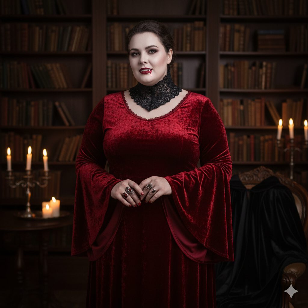 Eine lächelnde, super-curvy Frau im eleganten Vampir-Gräfin-Kostüm, stehend in einem Raum mit Bücherregalen. Sie trägt ein langes, weinrotes Samtkleid mit weiten Ärmeln, einen schwarzen Spitzenkragen, mehrere Ringe und hat helles Make-up mit blutrotem Lippenstift und kleinen Blutstropfen am Mundwinkel. Im Hintergrund sind Kerzenlicht und ein schwarzer Umhang auf einem Stuhl zu sehen.